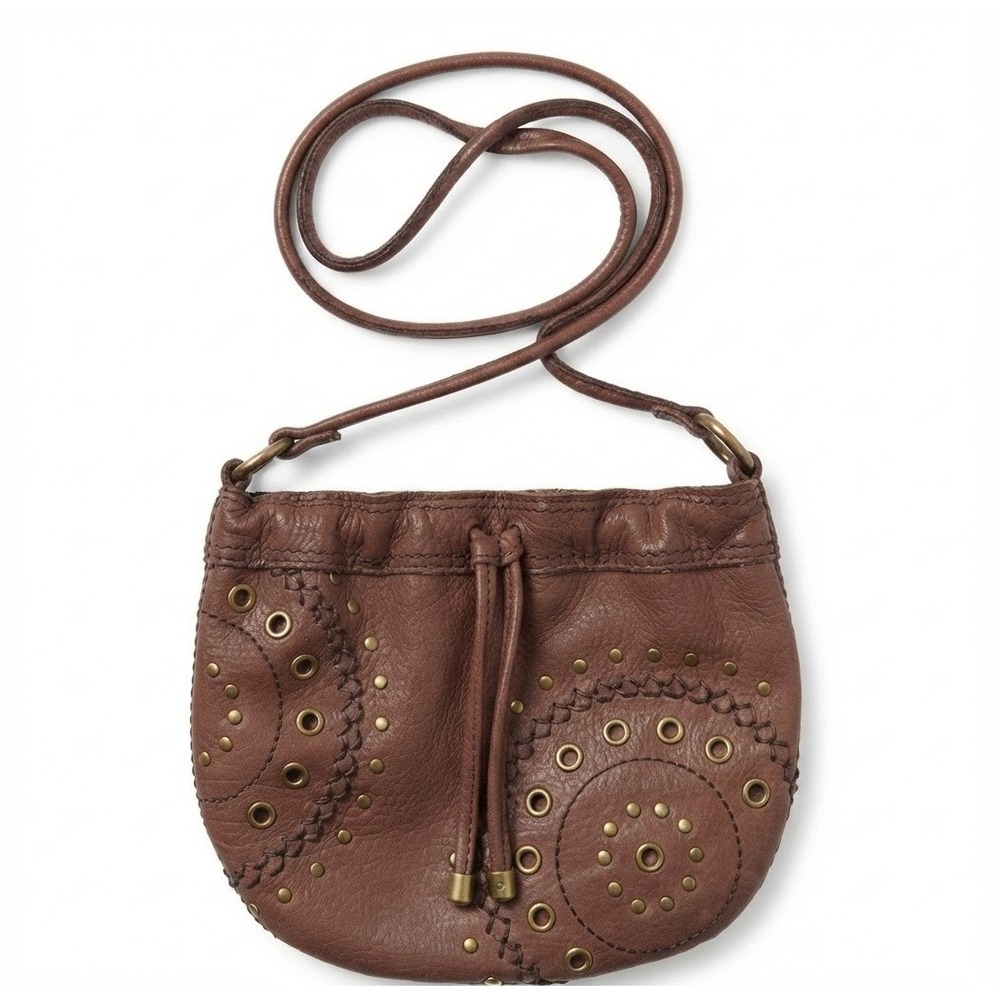Flawed Gem! Fossil Brown Leather Studded Grommet Mini Boho Bag Whipstitch Pouch